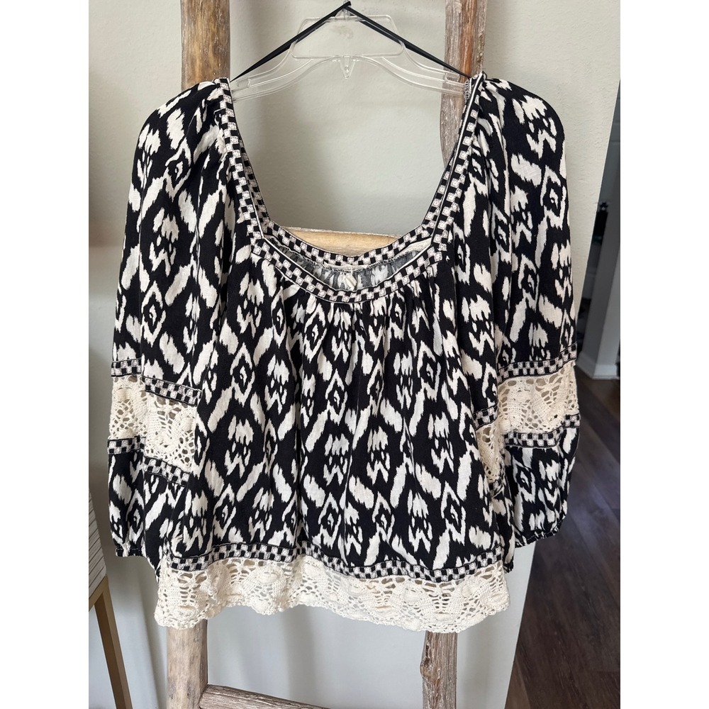Christian Siriano Boho Ikat & Crochet Lace Insert Top Linen Black Ivory size XL - Picture 3 of 10
